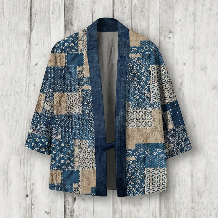 Japanese Retro Sashiko Patchwork Art Linen Blend Kimono Cardigan