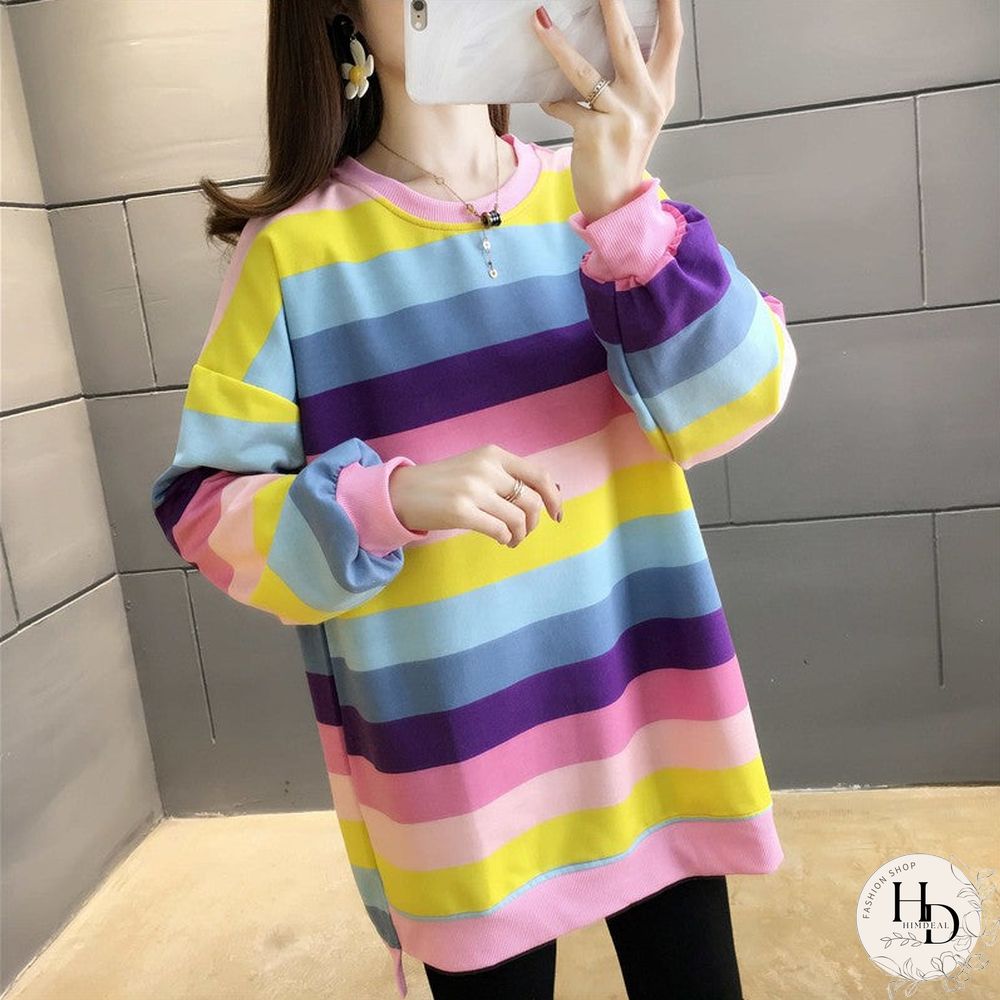 Fashion Rainbow Color Sweatshirt Hoodies Women Loose Long Sleeve Pullover Female Spring Autumn Oversized Harajuku Striped