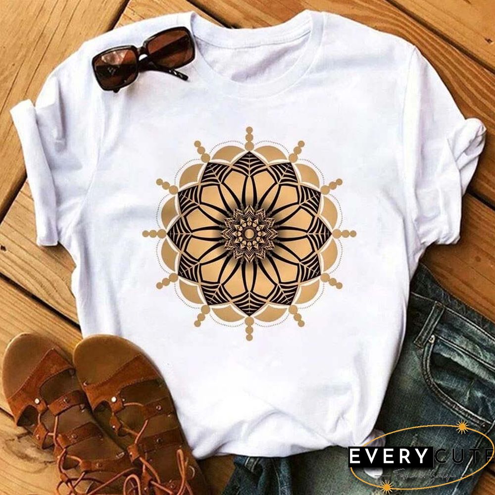 Maycaur New Mandala Floral Printed T Shirt Women Casual Fashion T-shirt Loose Short Sleeve 90s Girls Aesthetics Black Tshirt Top