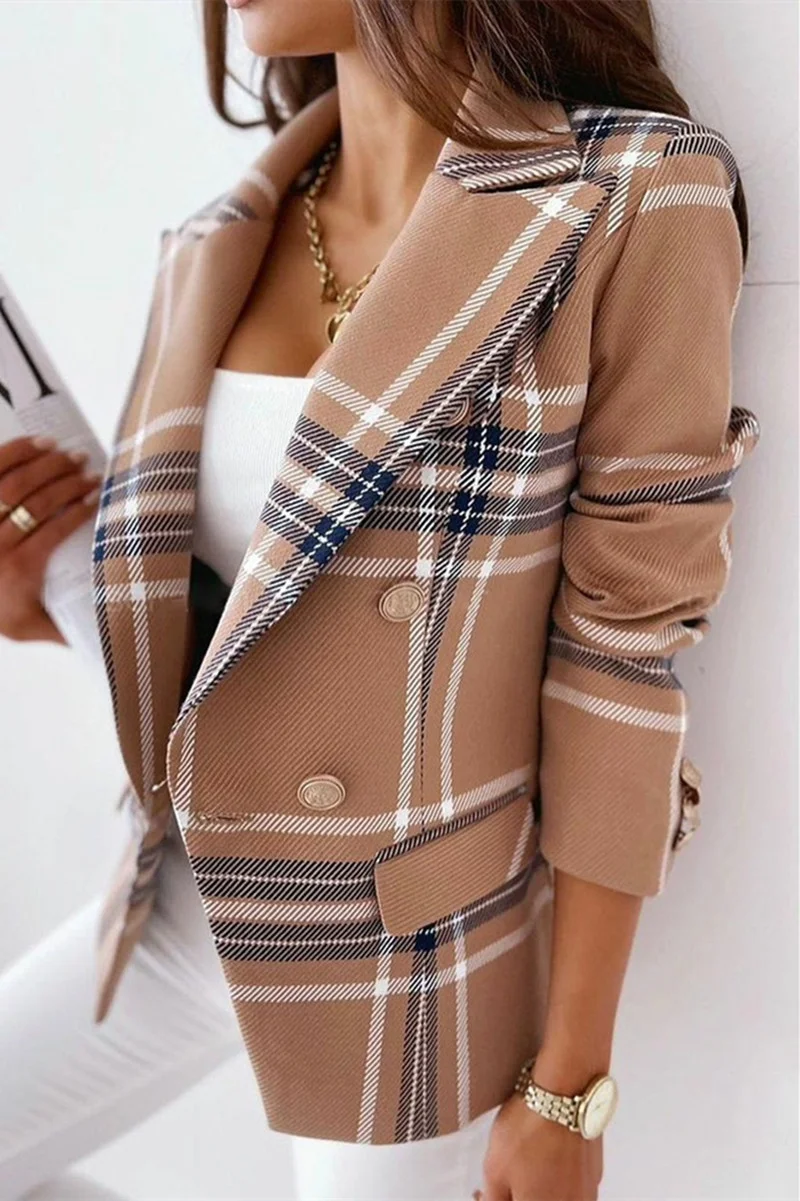 Light Coffee Fashion Casual Print Patchwork Slit Turn-back Collar Outerwear | EGEMISS
