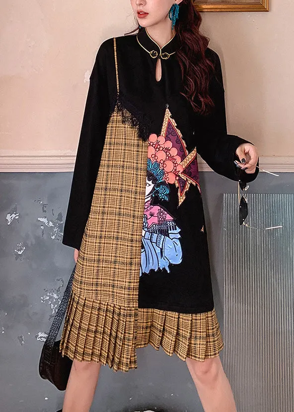 Casual Black Stand Collar Print Patchwork Maxi Dress Long Sleeve