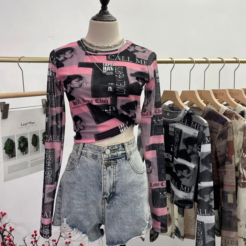 Churchf Real Shooting Front Double-Layer Tie-Dye Printing Mesh Long-Sleeved Top Short High-Waisted T-Shirt T-Shirt 8960