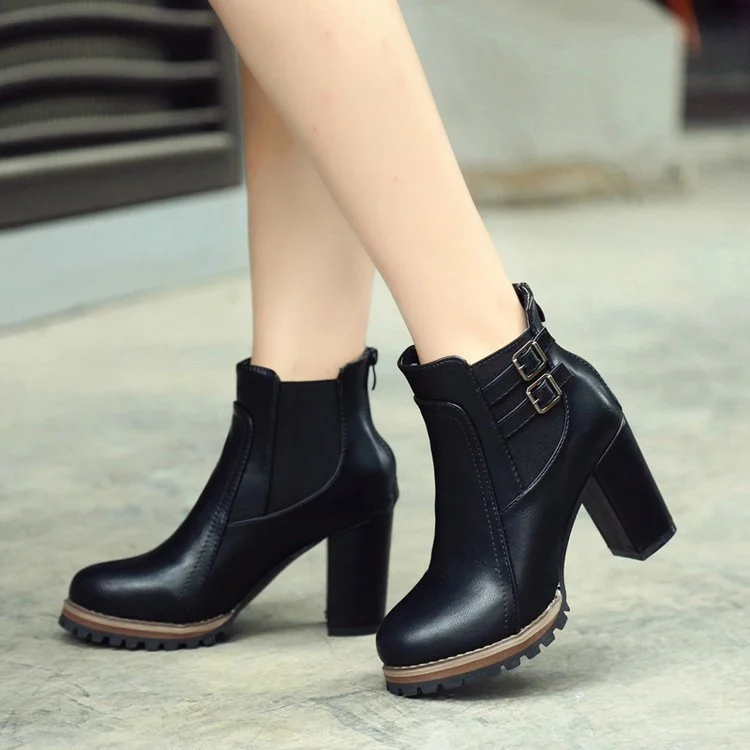 Stylish Black Chunky Heel Ankle Boots with Round Toe Vdcoo