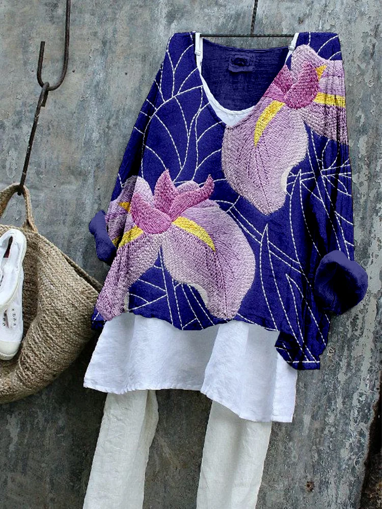 Japanese Iris Sashiko Art Linen Blend Cozy Tunic
