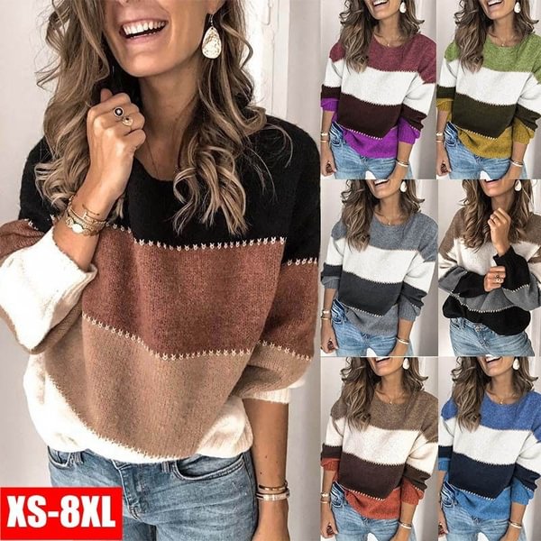 Striped Patchwork Casual Sweaters Women Clothing Autumn Winter Streetwear Loose Knitted Pullovers Female Tops - Shop Trendy Women's Fashion | TeeYours