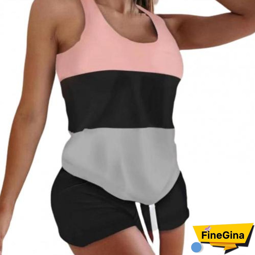 2Pcsset Casual Outfit Sleeveless Top Set Round Neck Comfortable Summer Slim Splicing Design Drawstring Camisole Set For Home