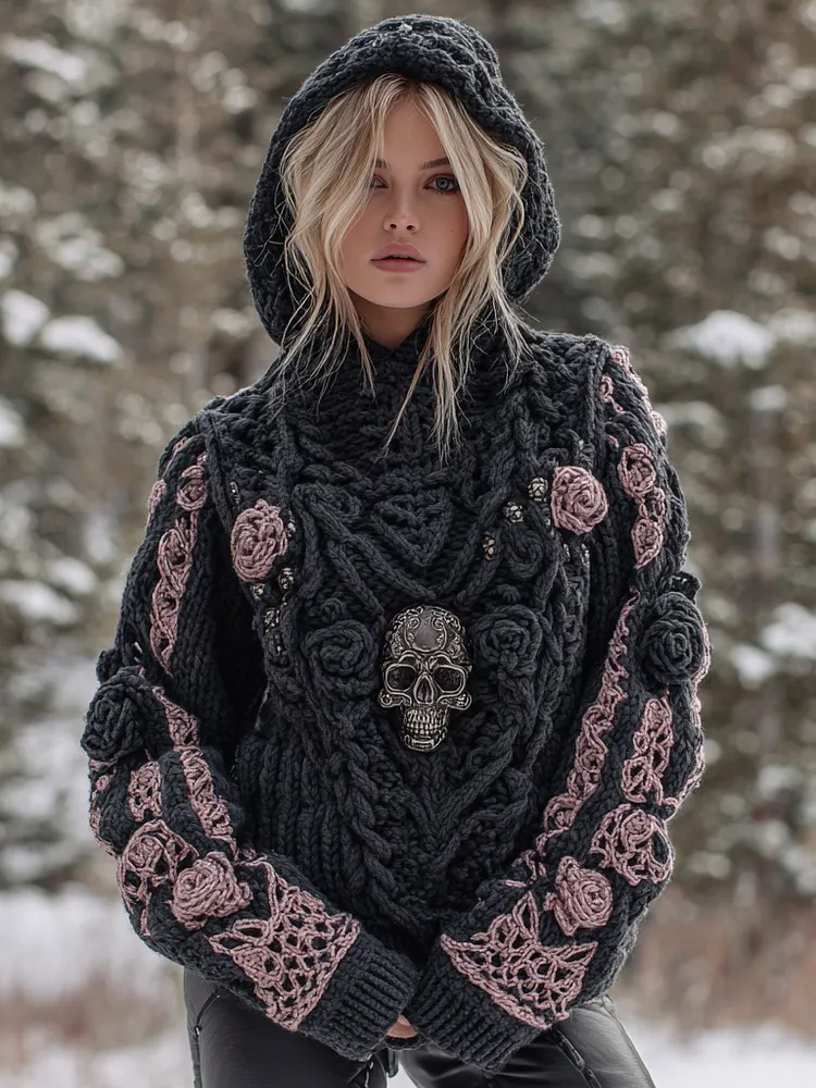 Women's Sugar Skull And Pink Rose Knit Jacquard Warm Hooded Sweater