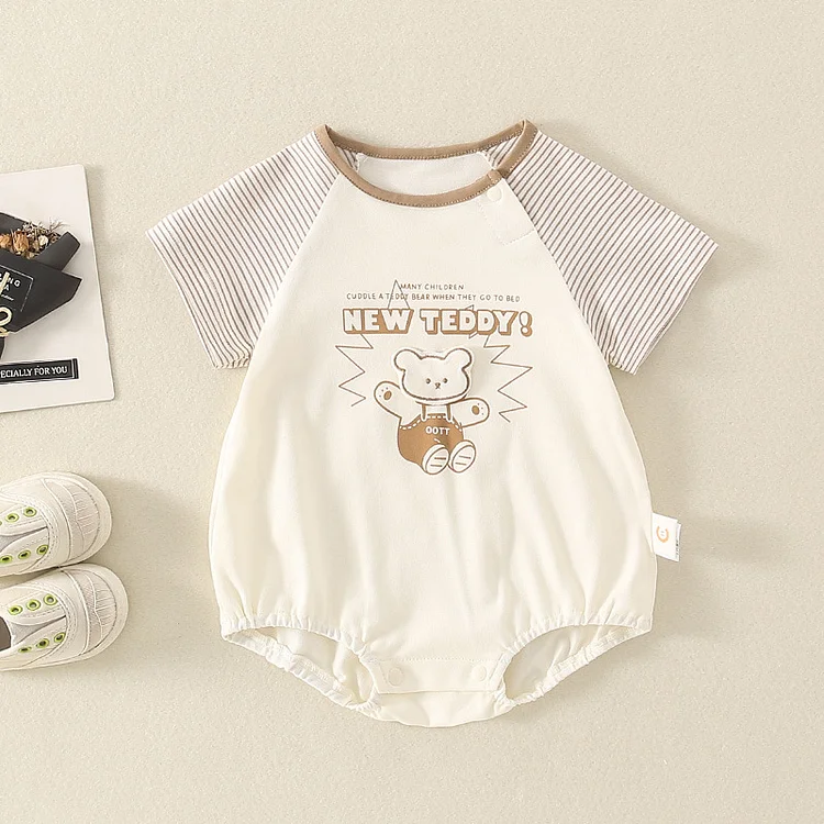 Baby Boy/Girl Stripe Shoulder Design and Large Bear Pattern Print Short Sleeve Bodysuit