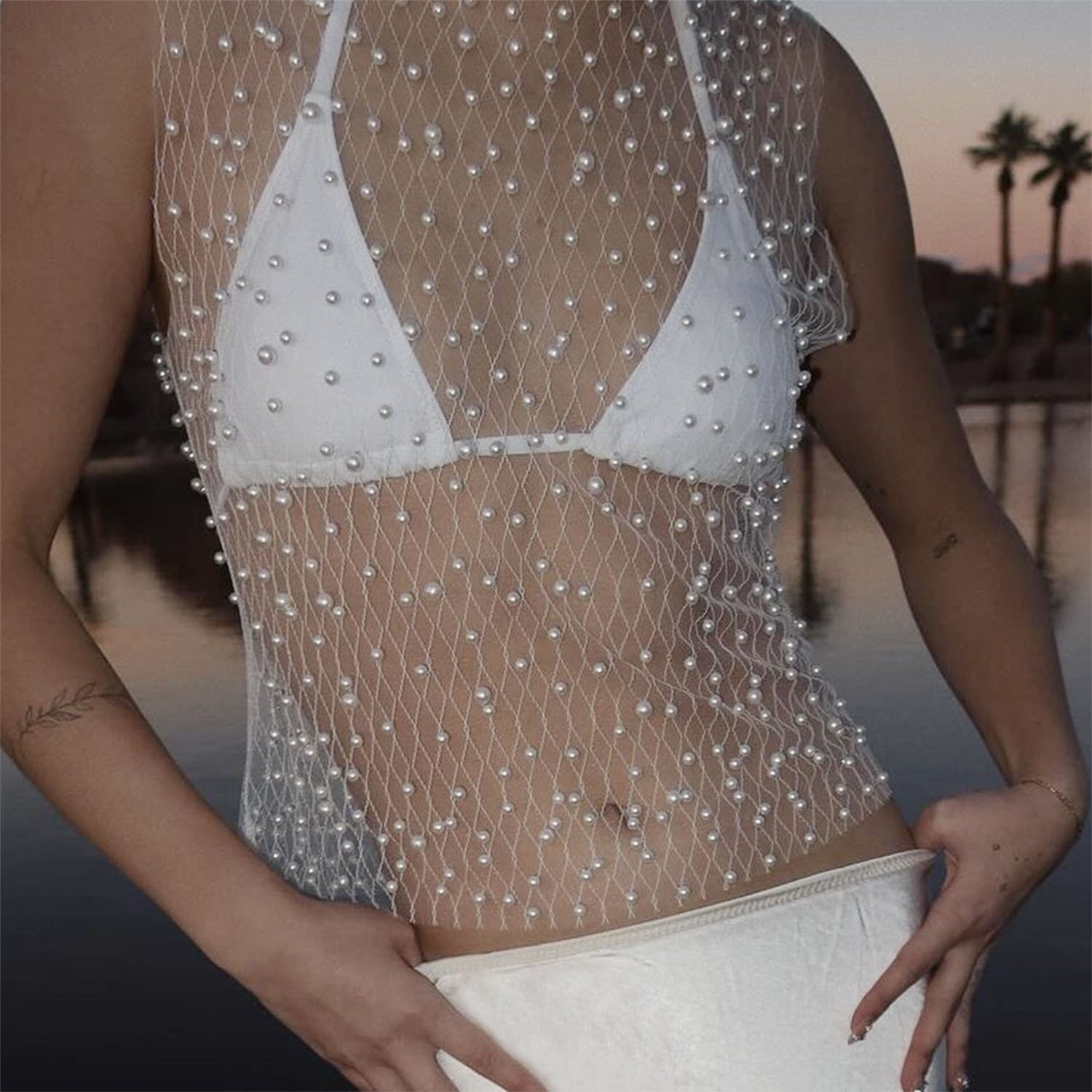 Ootddress Pearl Mesh See-Through Women Tank Top Sexy Sleeveless Round Neck Losse Summer Short T-shirt Female Y2K Fashion Vest 2025