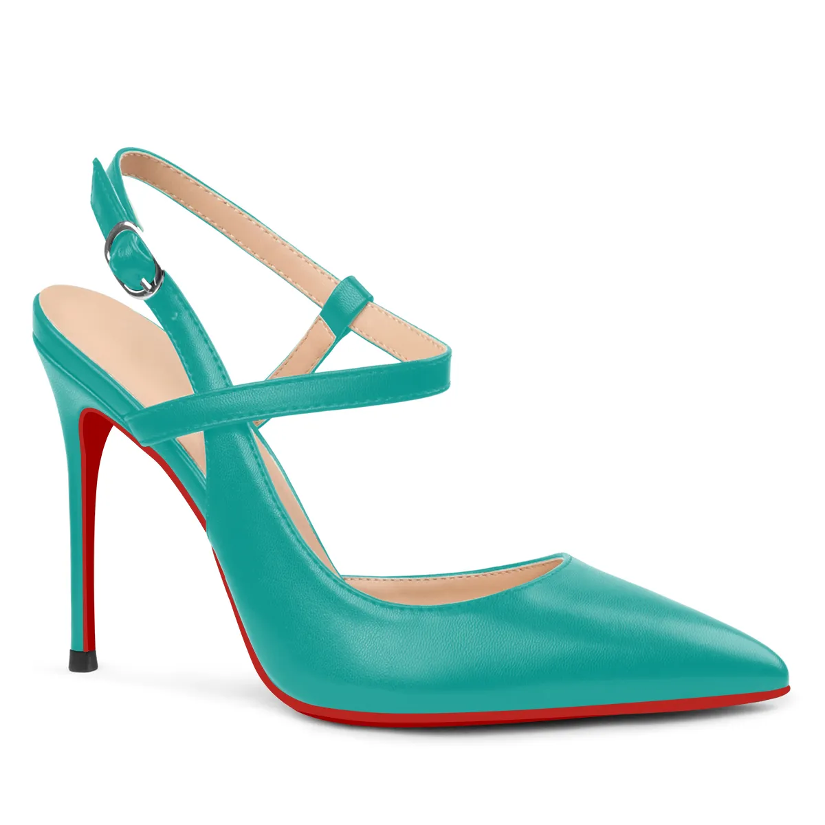 100mm Women Slingback Matte Pumps Ankle Strap Jenlove Stiletto Mid Heel Close Pointed Toe Dress Red Bottoms Shoes-vocosishoes