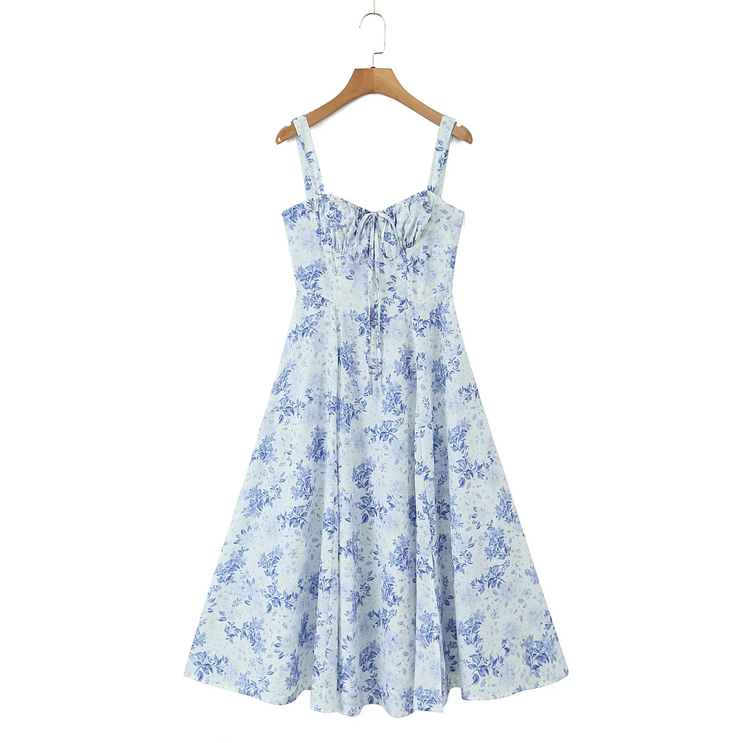 Nncharge Sexy Ruched Chest Blue White Flower Print Corset Style Sling Dress Cross Lacing up Bandage Back Hem Slit A-Lined Midi Robe