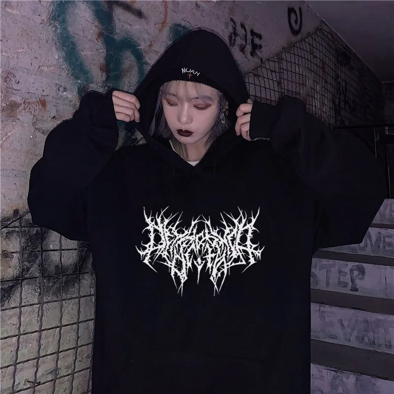 Gothic Oversized Hoodie Long Sleeve Harajuku Sweatshirt Women Men Aesthetic Hip Hop Vintage Autumn Winter Hooded Pullovers Tops