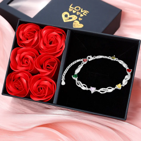 6 Names-Personalized Infinity Bracelet Gift Set With Rose Box-Custom Bracelet With 6 Birthstones Engraved 6 Names Bracelet Gift For Women