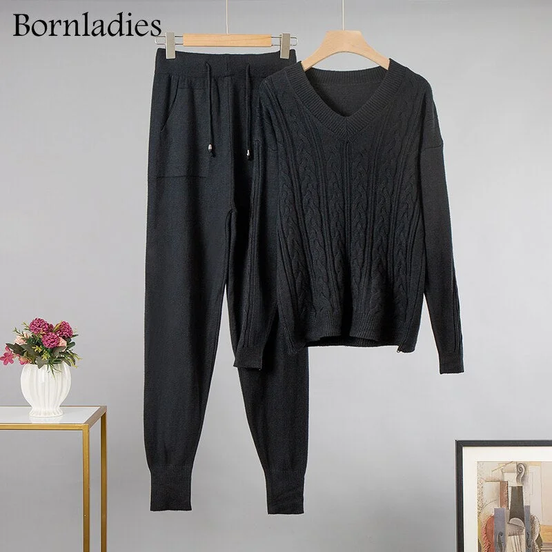 Bornladies Loose Two Piece Women Autumn Knitted Tracksuits Winter Cashmere V Neck Sweater + Harem Pants 2 Piece Warm Set Outfits