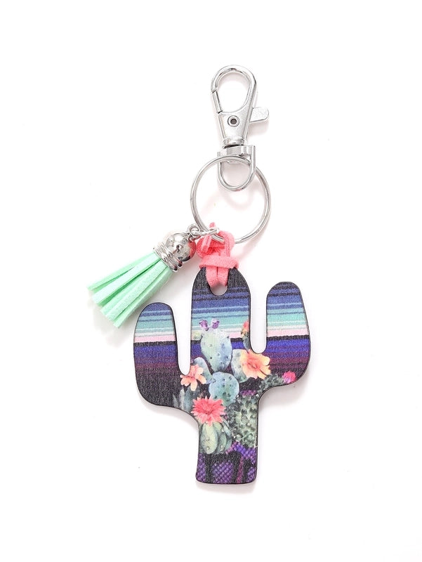 Classic Style Commute Cactus Printing Wood Bag Pendant Keychain