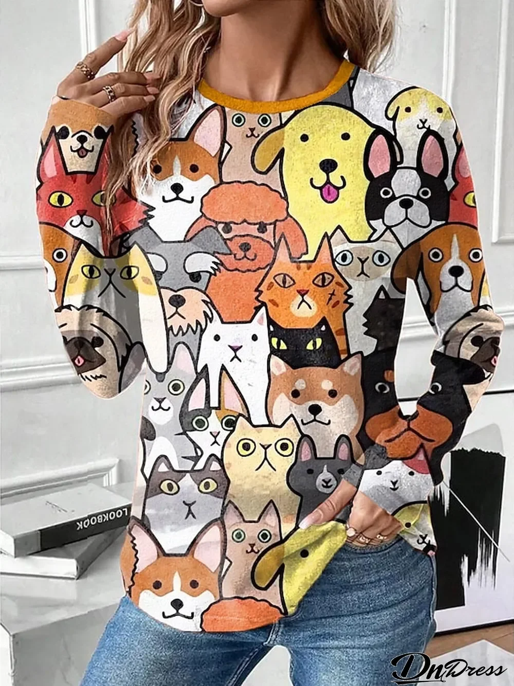 Women's T shirt Tee Cat Dog Daily Weekend Yellow Red Blue Print Long Sleeve Fashion Funny Round Neck Regular Fit Spring & Fall