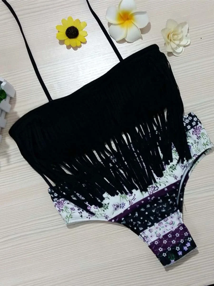 Tassel Tinny Floral Printed Bikini Set