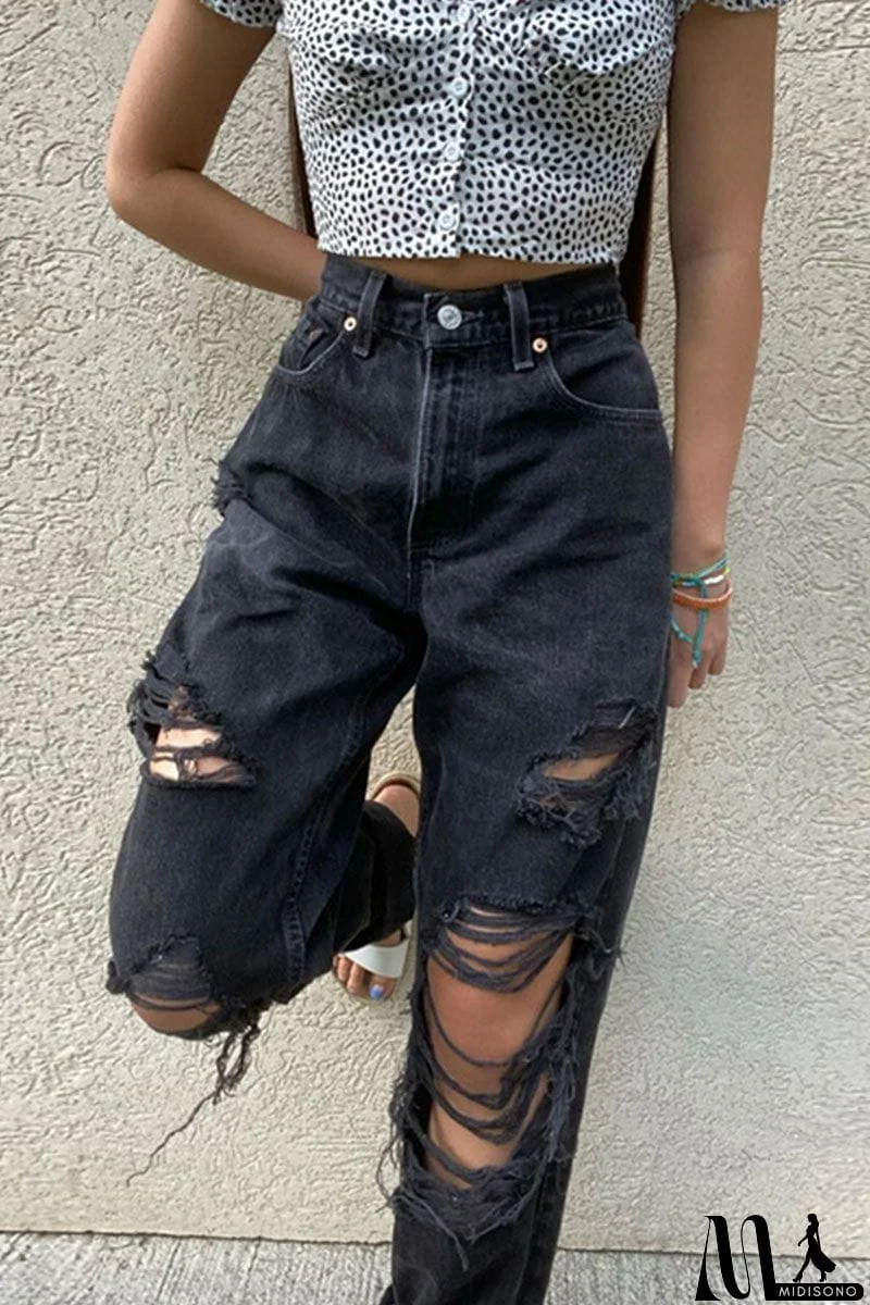 MidiSono - Fashion Sexy Solid Ripped Mid Waist Straight Denim