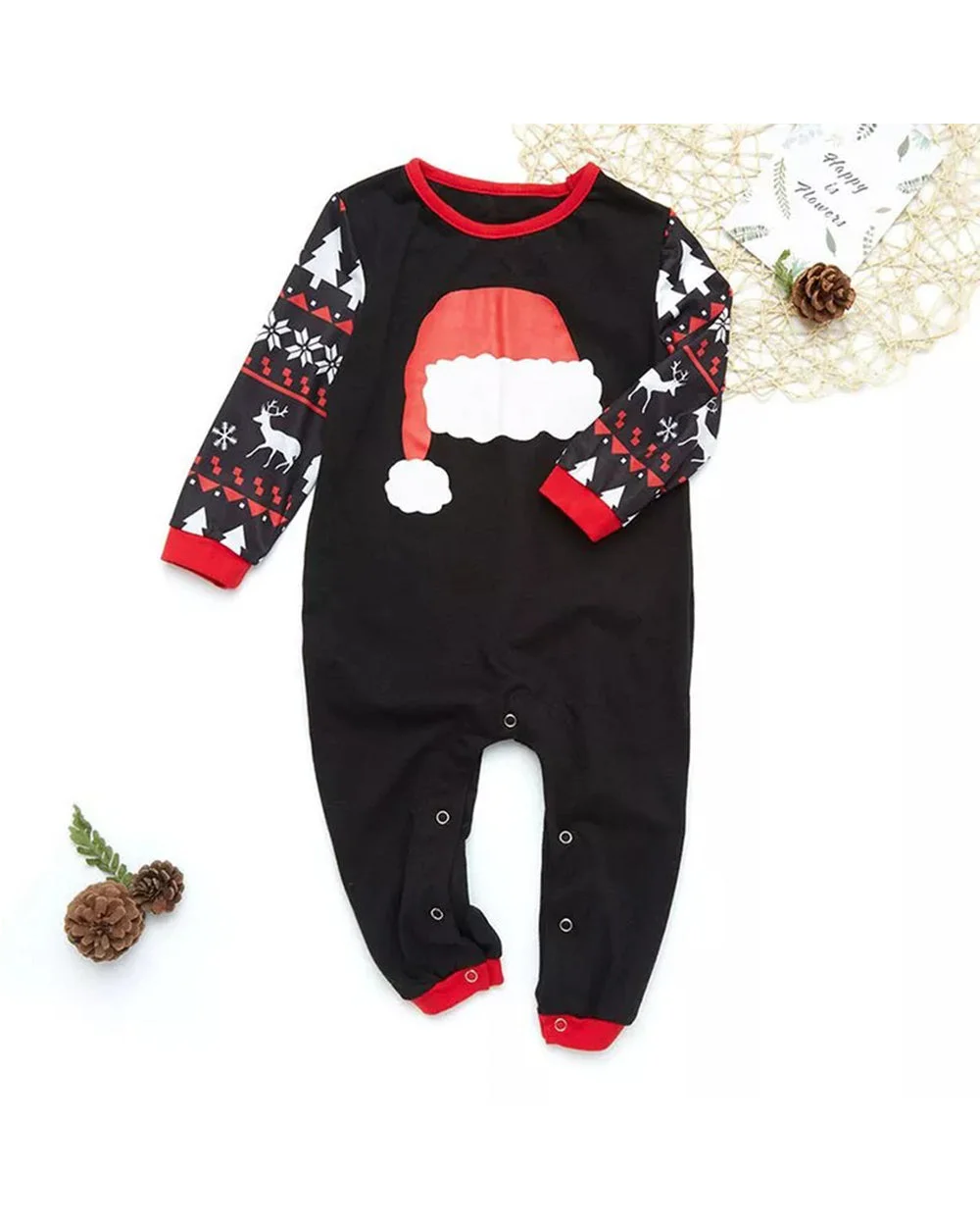 Black Santa Hat deer Print Christmas Pajamas