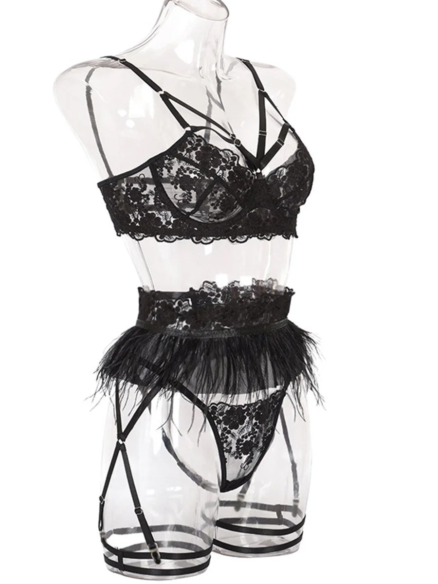 Three-piece lace and feather embroidered underwear