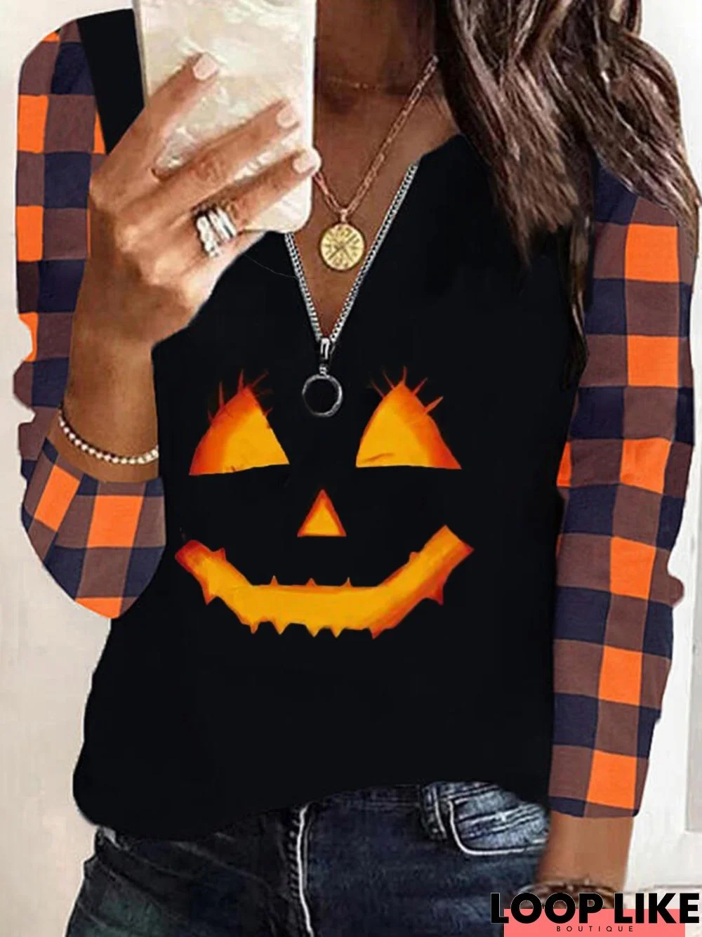 Halloween Printed Plaid Long Sleeve Zipper V Neck Casual Blouse