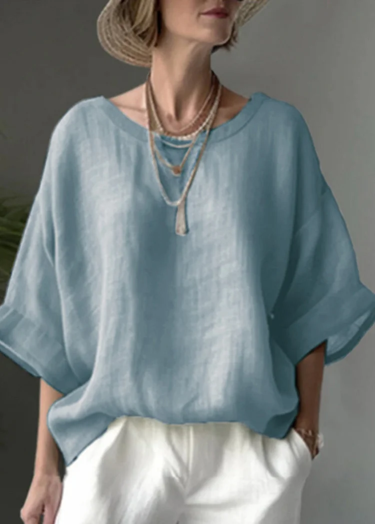 Simple Blue O Neck Loose Cotton Shirt Tops Summer