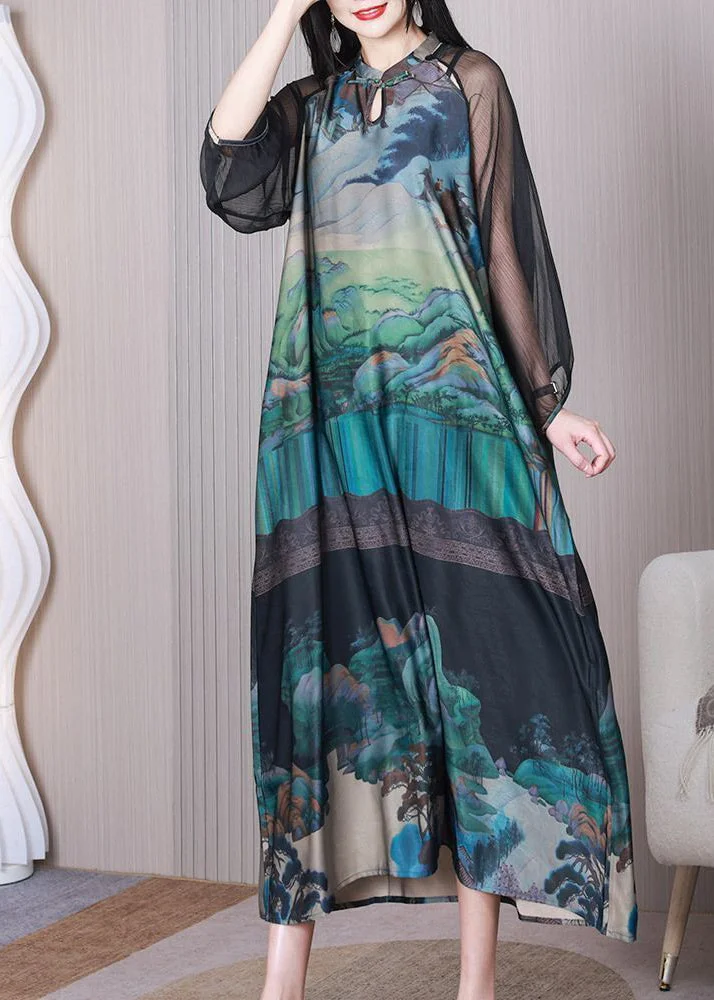 Chinese Style Green Mandarin Collar Print Hollow Out Silk Dresses Summer