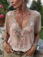 Classy Pink Roses Beaded Lace Flowy Linen Tunic