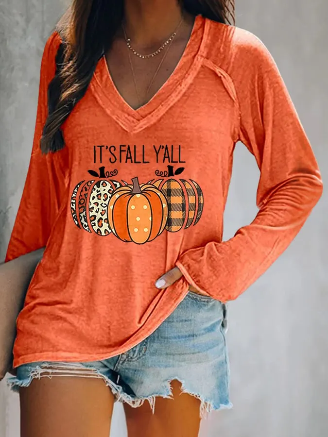 Halloween Bats Print V-neck  Long Sleeve Casual T-Shirt 