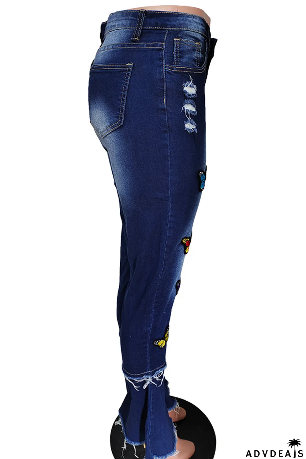 Deep Blue Casual Butterfly Print Patchwork Boot Cut Denim Jeans