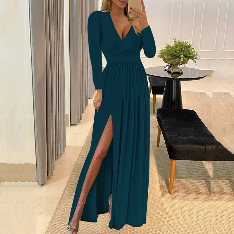 Elegant Deep V-Neck Spring Women Party Dress Sexy Solid Long Sleeve Dancing Ladies Dress Hollow Slim Fitness Princess Long Dress