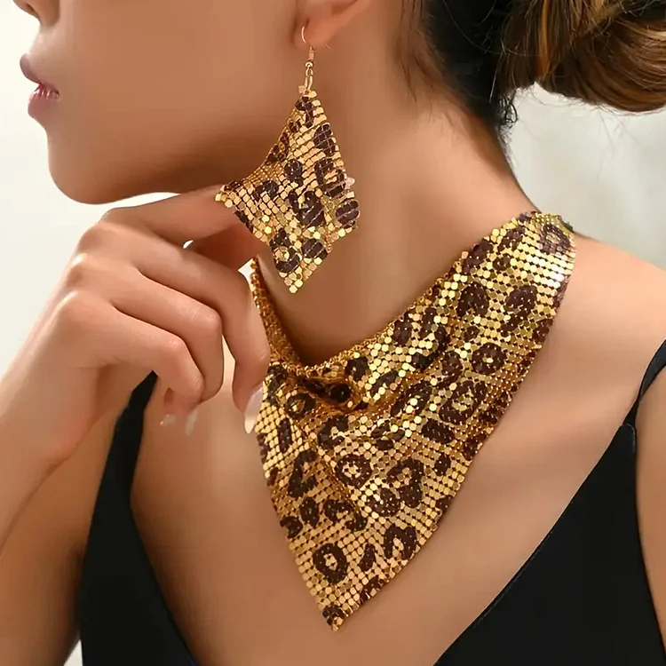 Leopard Sequin Triangle Scarf Necklace & Earrings 2Pcs Set