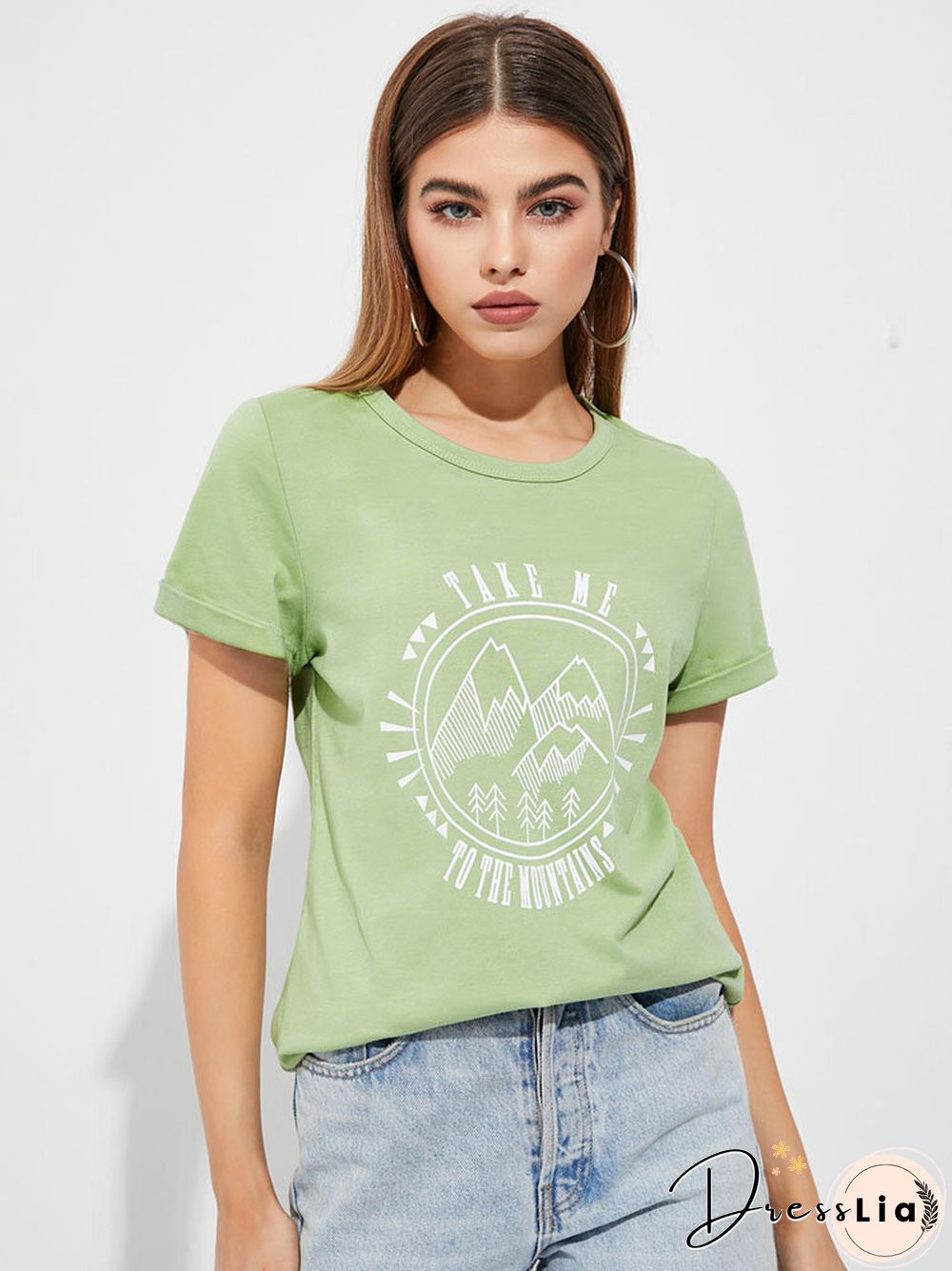 Stick Figure Landscape Print Crew Neck Short Sleeve T-shirt