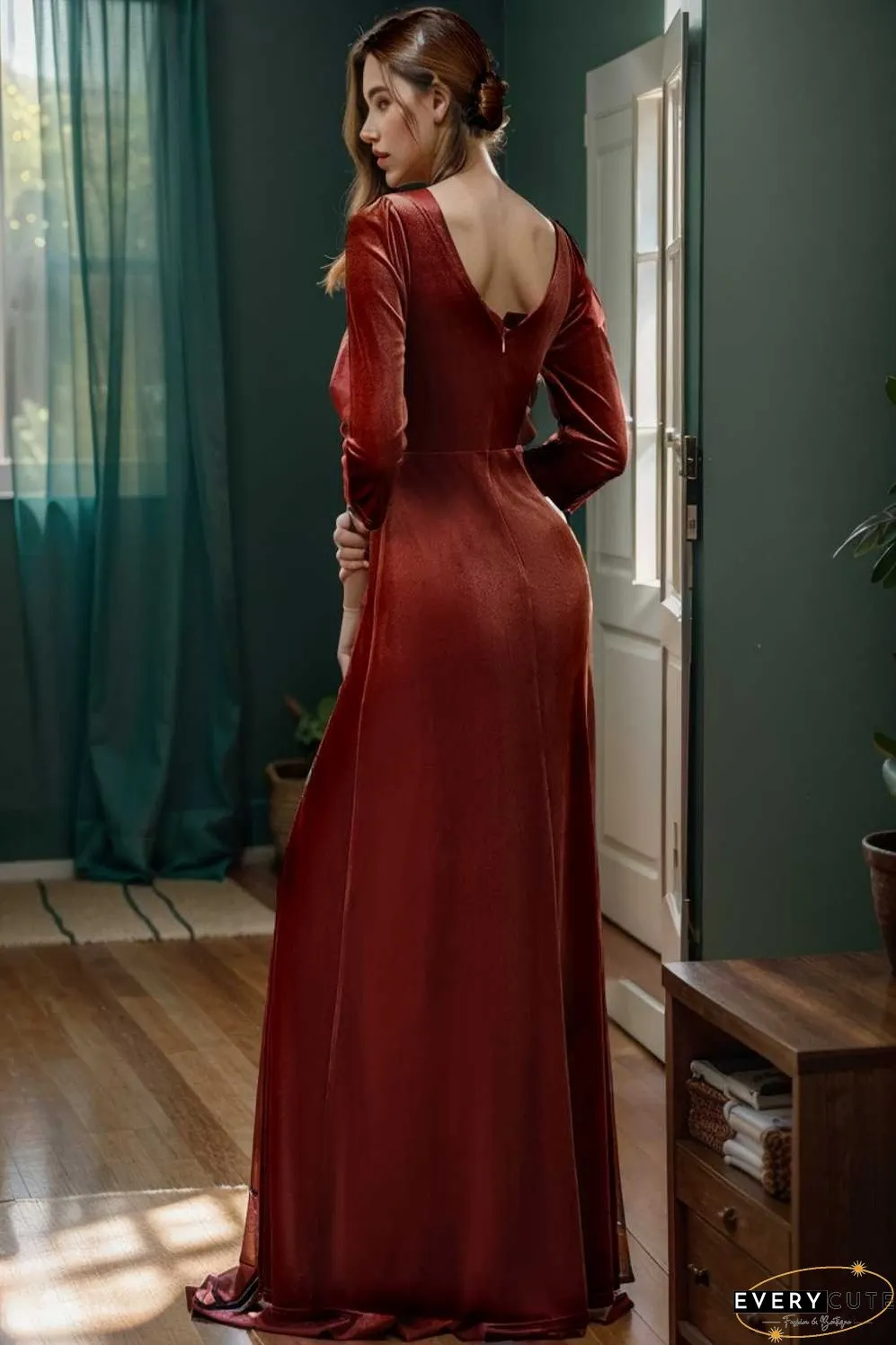 velvet 3 4 length sleeve illusion v neck front slit evening dress