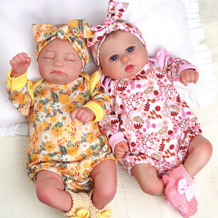 Babeside Connie & Bailyn 20'' Realistic Reborn Baby Doll Girl Awake ＆ Asleep Twins Pink ＆ Yellow Floral