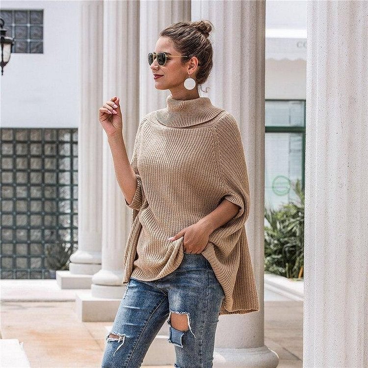 Fashion Turtleneck Cloak Sweater Women Casual Full Sleeve Jumper Autumn Winter Knitted Pullovers Sweater Tops For Women New