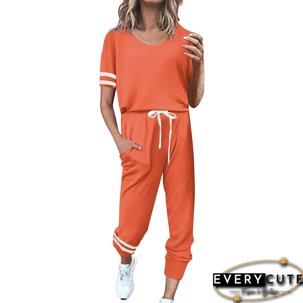 Orange Contrast Stripe Short Sleeve Top and Pant Set