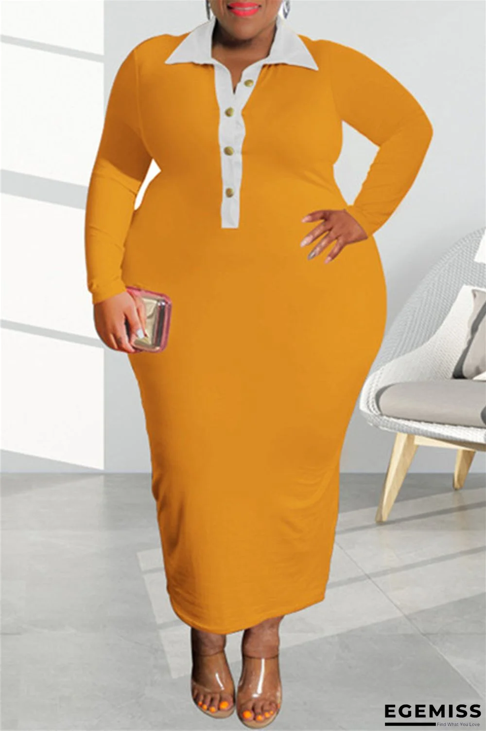 Ginger Fashion Casual Solid Patchwork Turndown Collar Long Sleeve Plus Size Dresses | EGEMISS