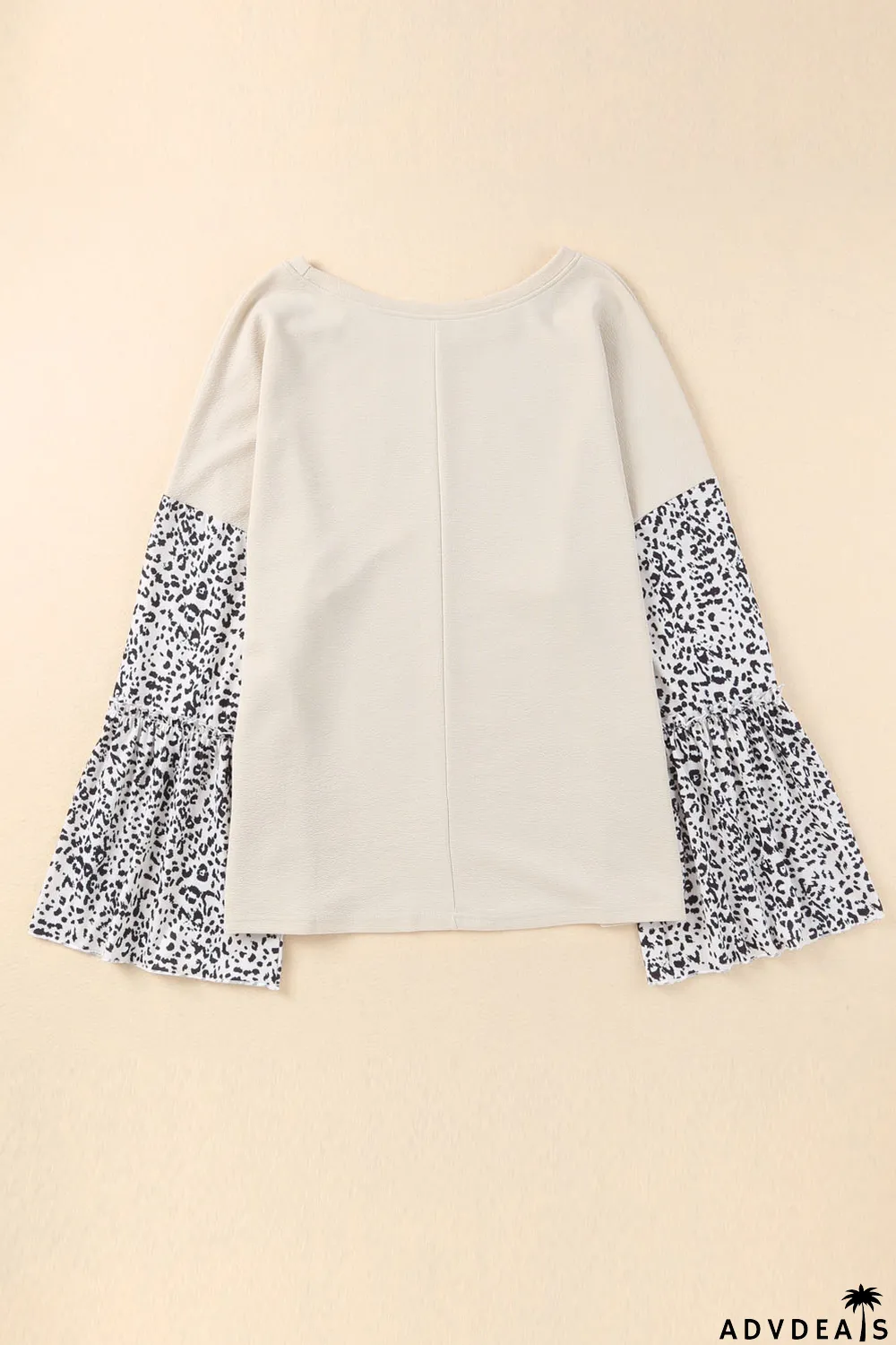 Beige Leopard Bell Sleeve Patchwork Plus Size Top