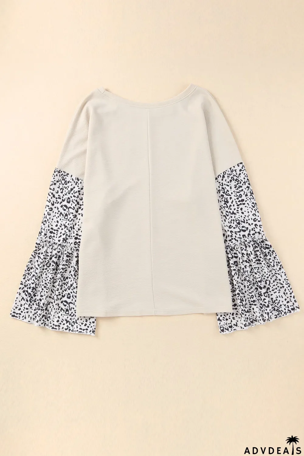 Beige Leopard Bell Sleeve Patchwork Plus Size Top