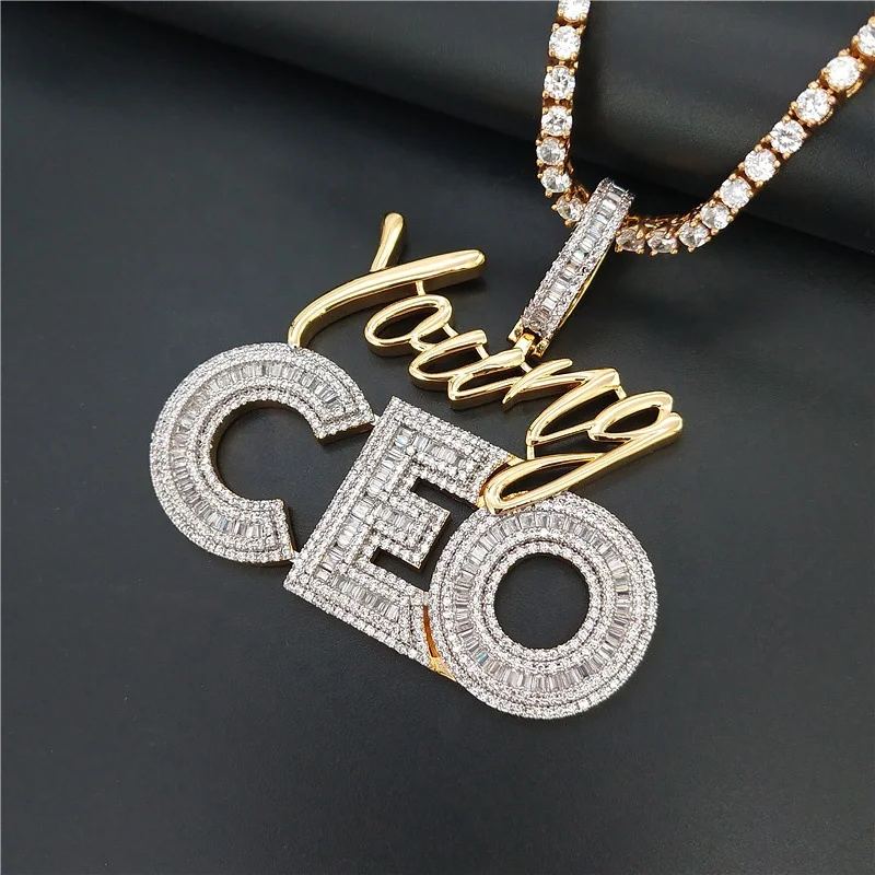 Iced Out Baguette CZ Young CEO Pendant Necklace Hip Hop Jewelry-VESSFUL