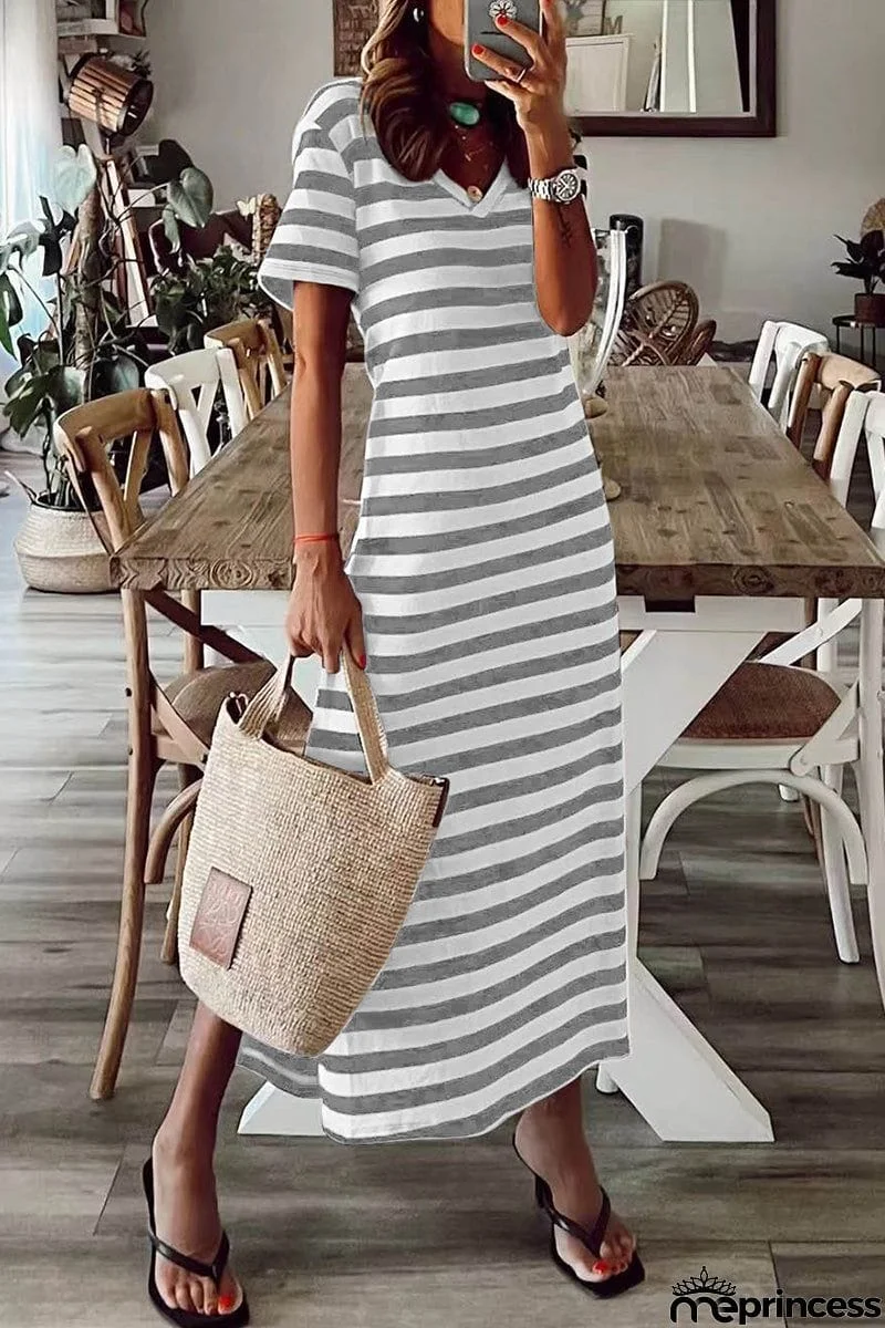 Casual Striped Patchwork V Neck A Line Short Sleeve Dress