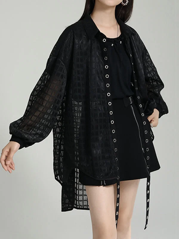 Gauze See-Through High-low Long Sleeves Round-neck Blouses&shirts Tops