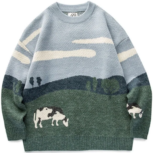 Aonga Men Cows Vintage Winter Warm Daily Knitwear Pullover Male Korean Fashions O-Neck Sweater Women Casual Harajuku Clothes