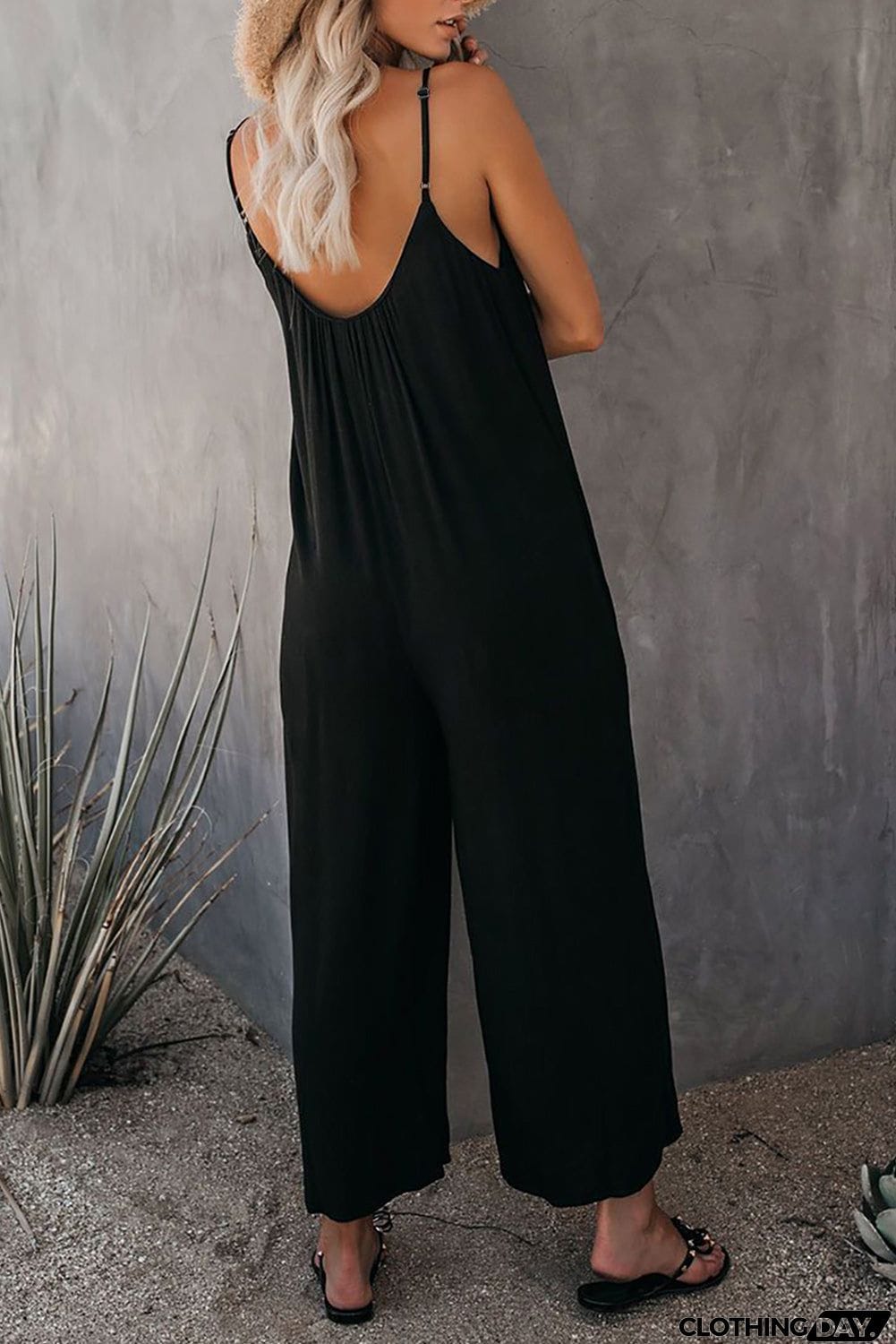 Spaghetti Straps Wide Leg Pocketed Jumpsuits
