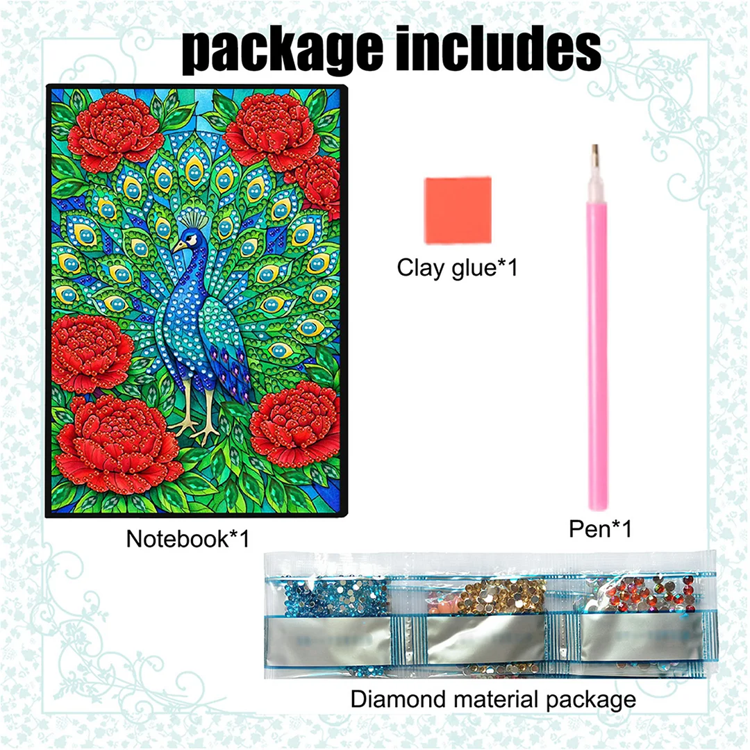 DIY Flower Diamond Painting Journals Notebooks 50 Pages A5 No Lines Special Shaped Diamond Art Kits for Beginners Craft Lovers and Artists (Peacocks)