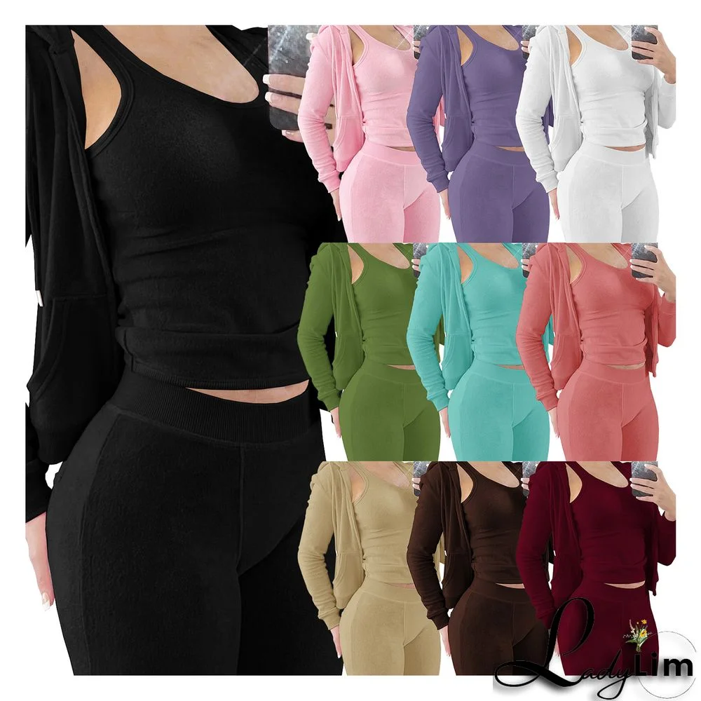 Women's Autumn/Winter Fleece Vest Hooded Three-Piece