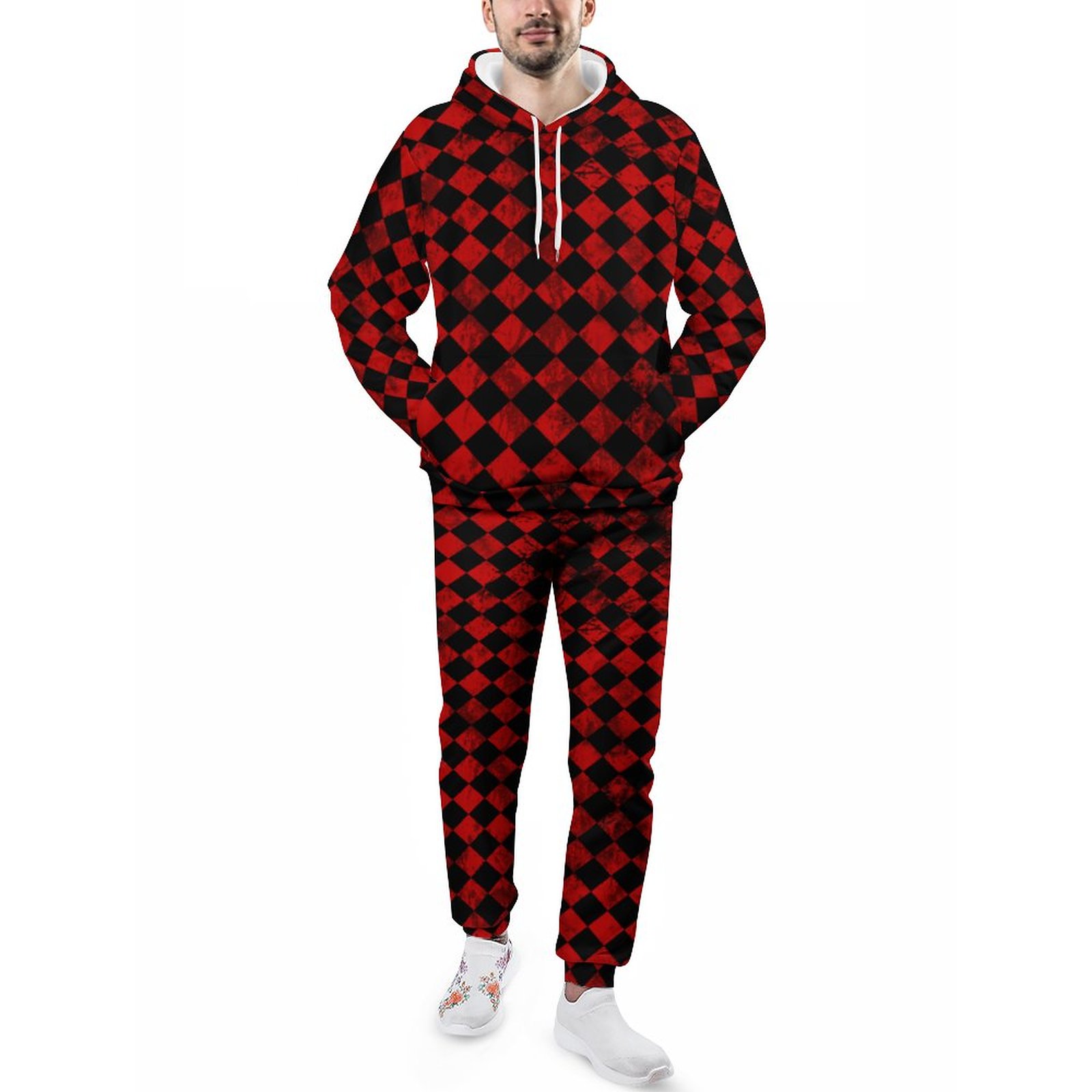 Black Red Diamond Checkered Whimsical Men's Tracksuit 2 Piece Hoodie Sweatsuit Sets Guys Streetwear Jogging Athletic Suits S-5Xl