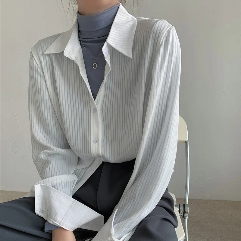 2021 Spring New Korean Loose Vintage Long Sleeve White Shirt Fashion Female Striped Shirt Plus Size Womens Blouse and Tops 13163