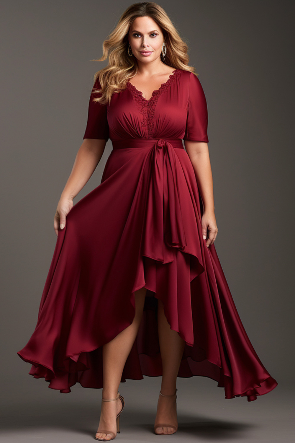 Flycurvy Plus Size Everyday Red High Low Hem Short Sleeve Maxi Dress 2024 - Flycurvy 